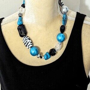 Colorful Teal Black Beaded Necklace 18" Large Baubles Zebra Print Toggle Clasp